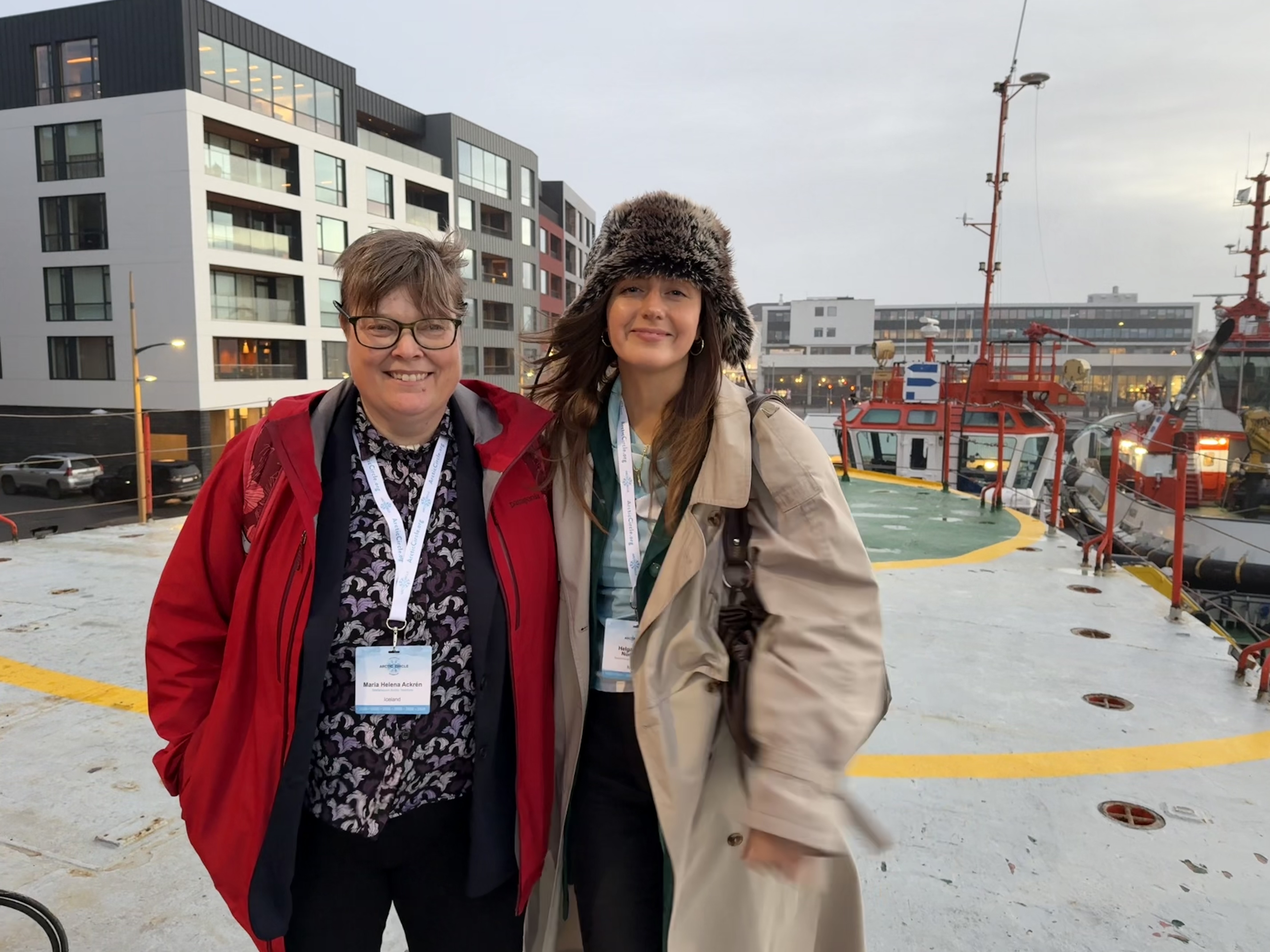 Maria and Helga aboard an icebreaker docked in Reykjavík's Old Harbour near Harpa