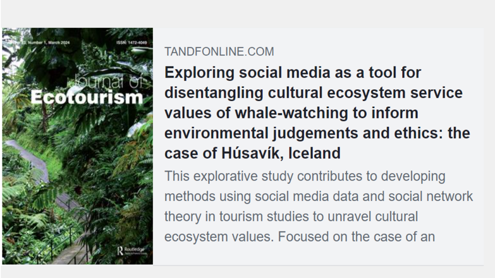Ný grein: Exploring social media as a tool for disentangling cultural ecosystem service values of wh…